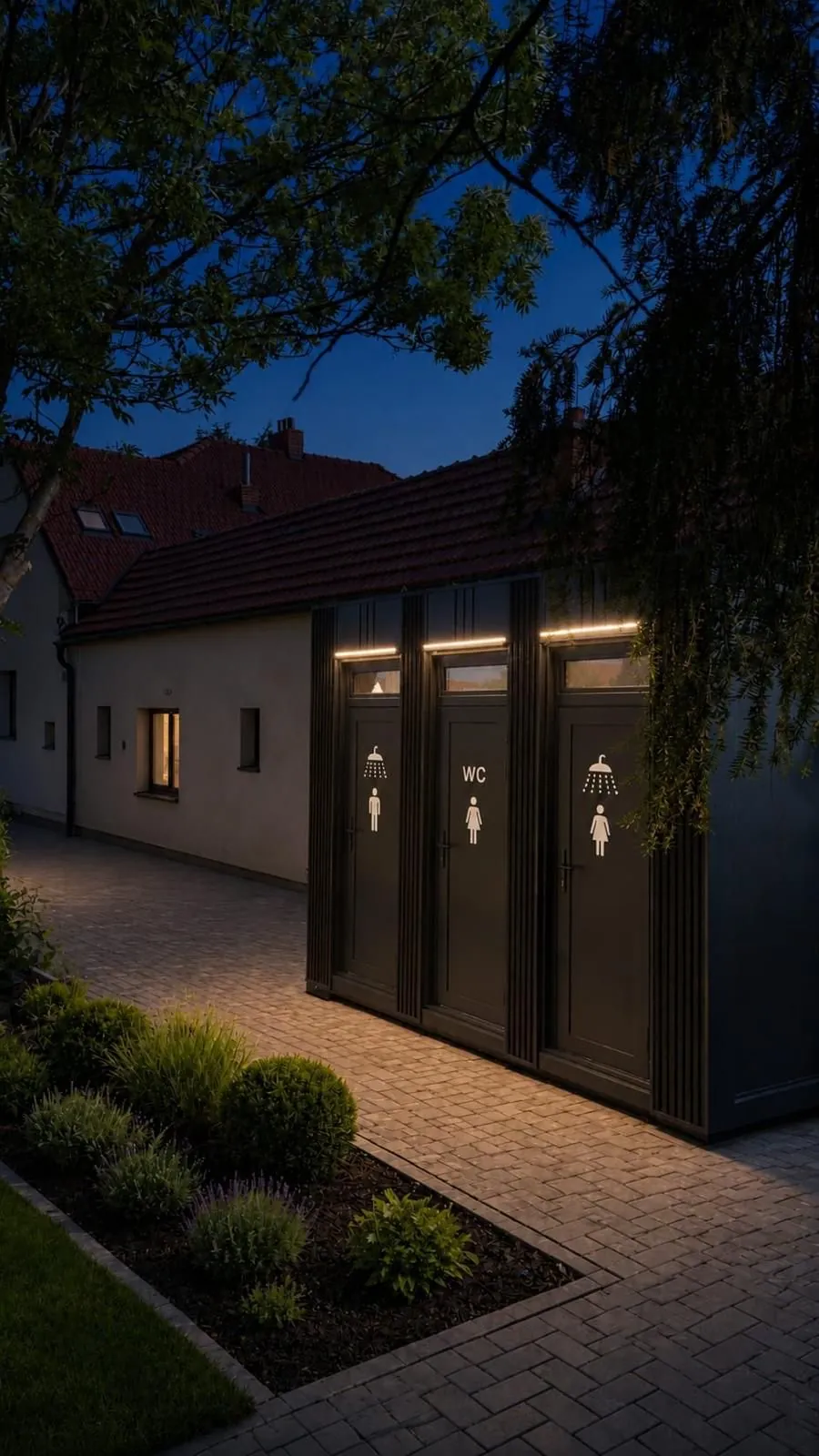 Beleuchtetes Sanitärgebäude in der Abenddämmerung