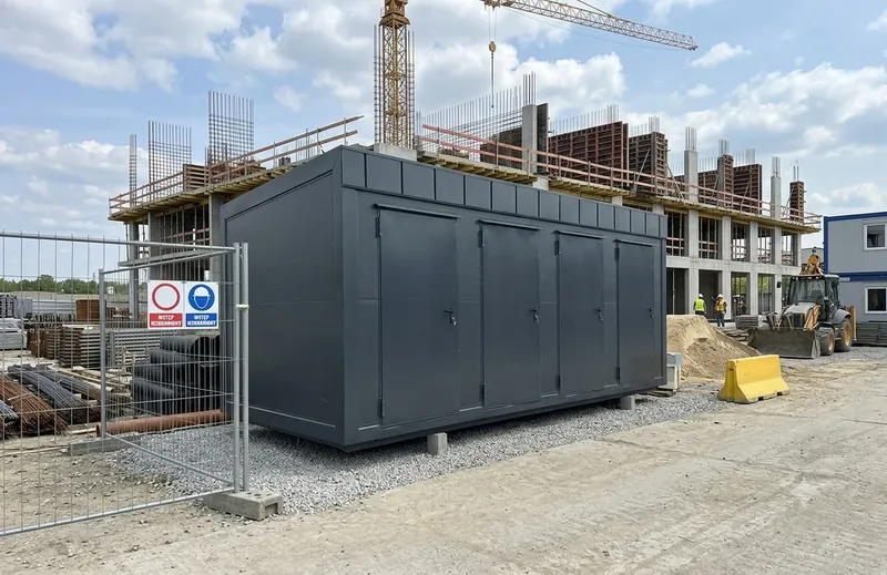 Baumodul als Baustellenbüro vor einem Rohbau